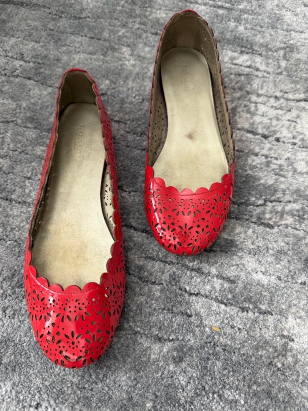 Coach Red Laser-Cut Scallop Ballet Flats - Women